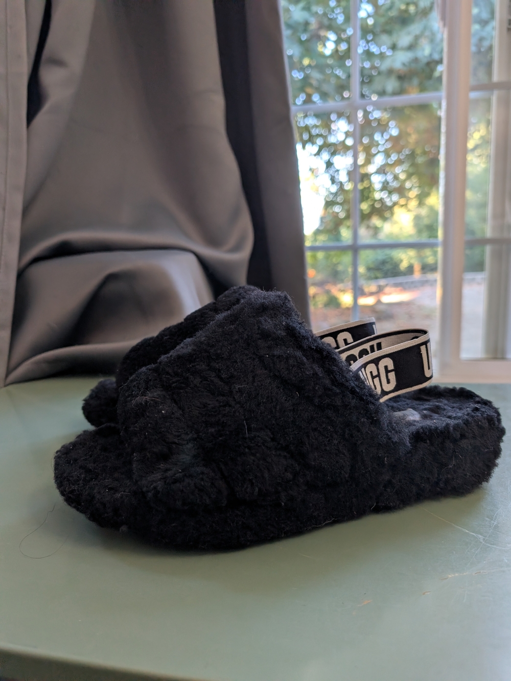 UGG Black Plush Slingback Slide - Women's Cozy Fuzz Sandal SZ 7
